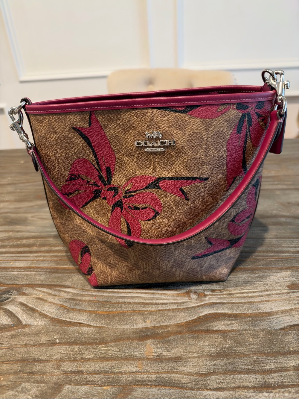 Coach Brown Signature Canvas Shoulder Bag with Pink Floral Print